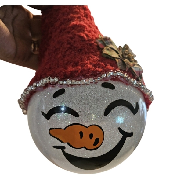 Handmade Glass Ornament Hand Painted Iridescent glitter Upcycled red sock hat - Picture 9 of 17